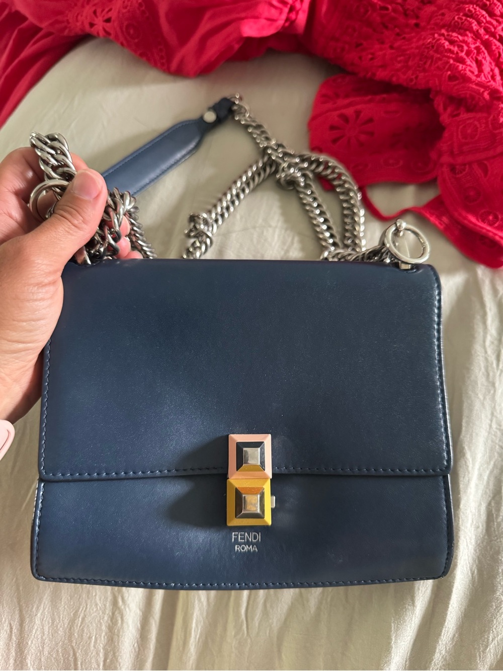 Fendi Navy Blue Leather Kan I Small Crossbody with Multicolor Push-Lock
